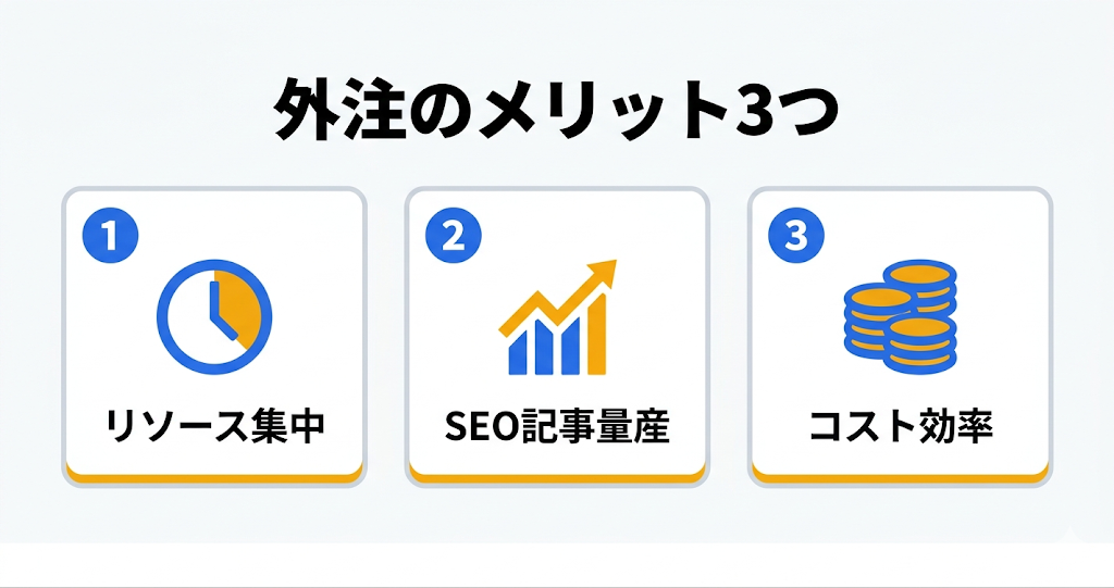 記事制作の外注で失敗しないために|費用相場・外注先の種類・選び方を徹底解説|外注する3つのメリット