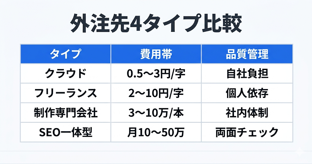 記事制作の外注で失敗しないために|費用相場・外注先の種類・選び方を徹底解説|記事制作の外注先4タイプの特徴比較